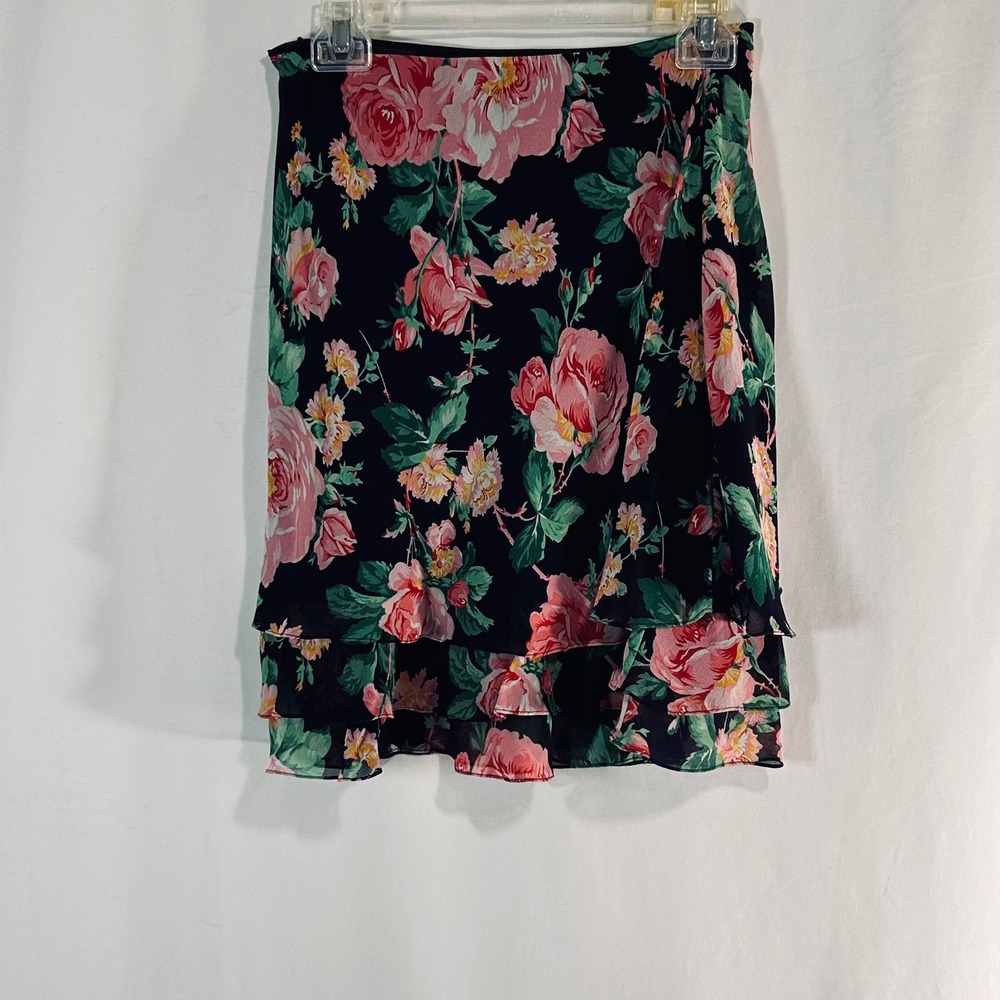Lauren Ralph Lauren Petite Silk Floral Tiered Ruffle Skirt Black Pink Rose 4P - Picture 4 of 7
